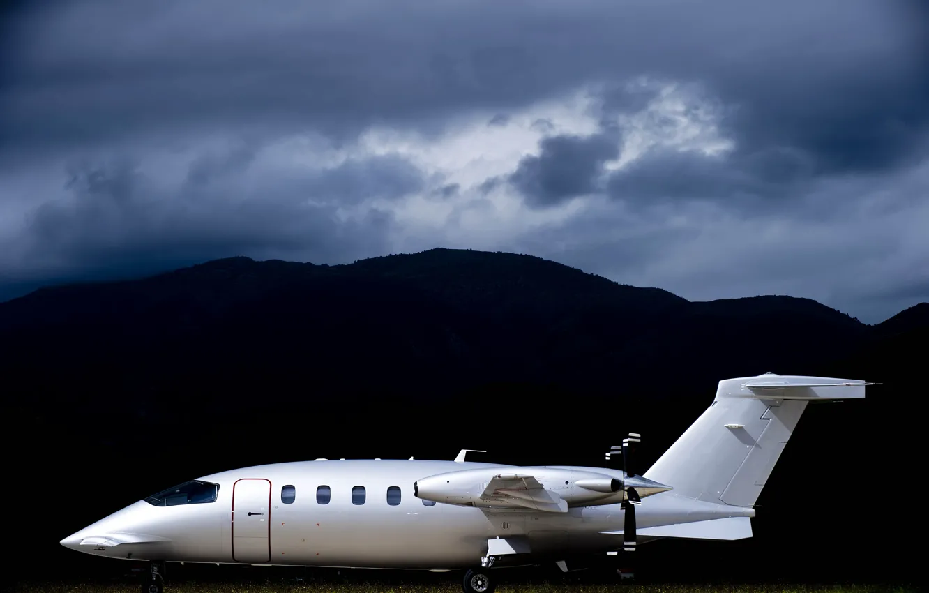 Photo wallpaper grass, clouds, mountains, clouds, Airport, the plane, Piaggio, Avanti