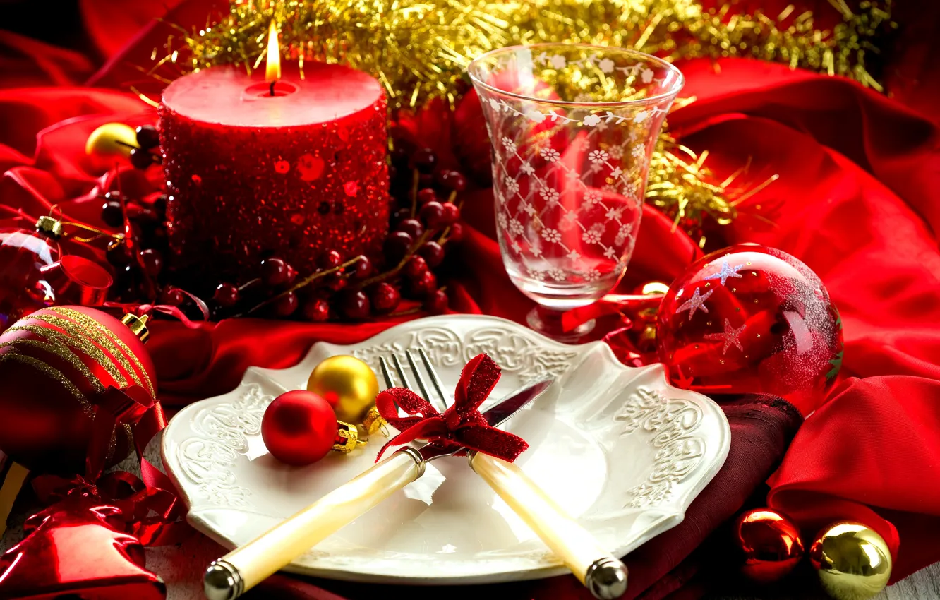 Photo wallpaper balls, table, holiday, candle, New Year, glasses, plate, fork