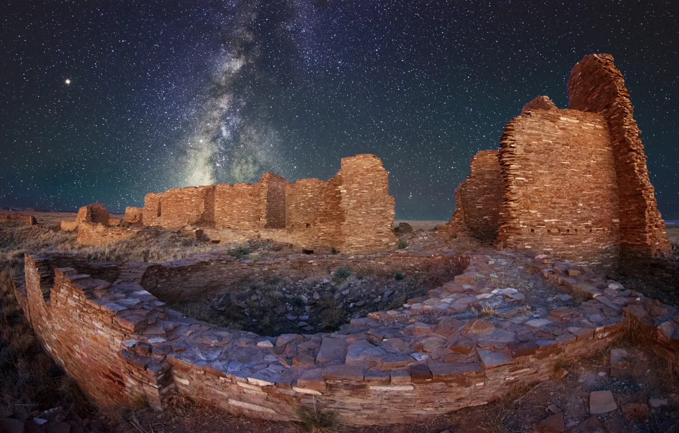 Photo wallpaper night, stars, USA, ruins, New Mexico, Pueblo Pintado