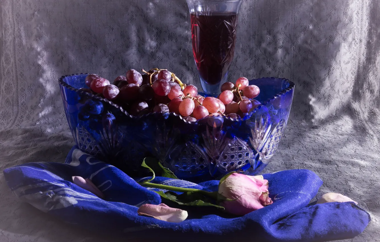 Photo wallpaper flowers, wine, glass, roses, petals, grapes, vase, tablecloth