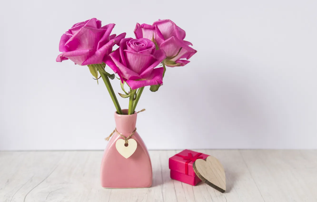 Photo wallpaper gift, heart, roses, bouquet, vase