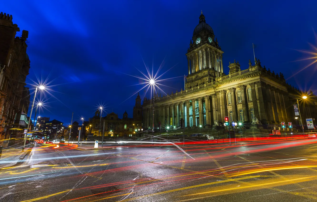Photo wallpaper night, street, lights, UK, Palace, Leeds Town Hall