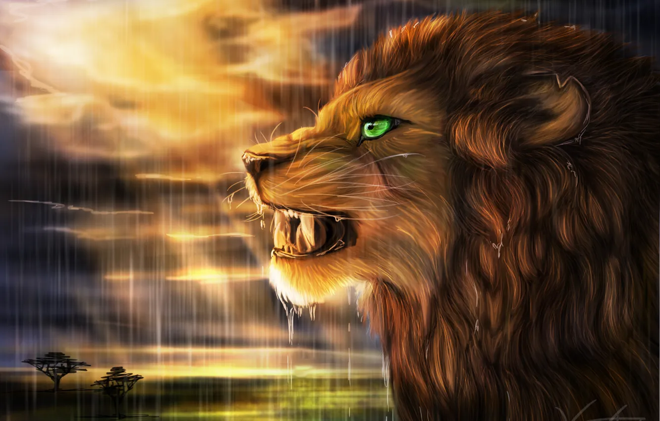 Photo wallpaper the sun, rain, predator, Leo, art, Savannah, profile, wild cat