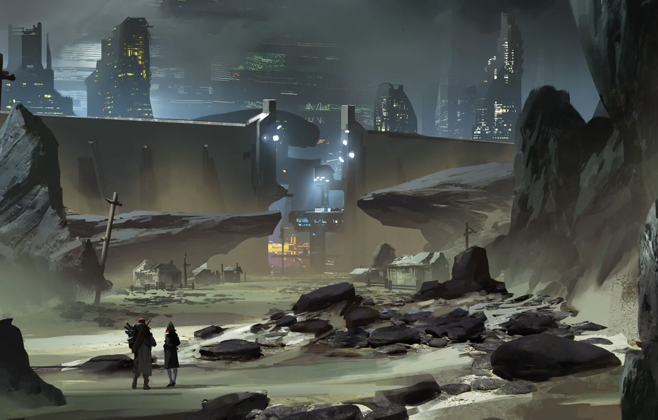 Photo wallpaper night, the city, lights, wall, rocks, people, gate, art