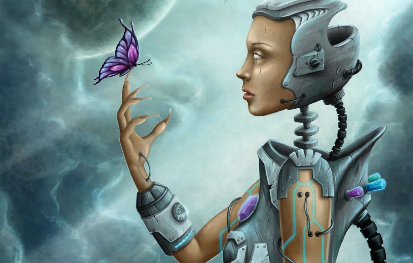 Photo wallpaper girl, metal, butterfly, wire, robot, art, claws, crystals