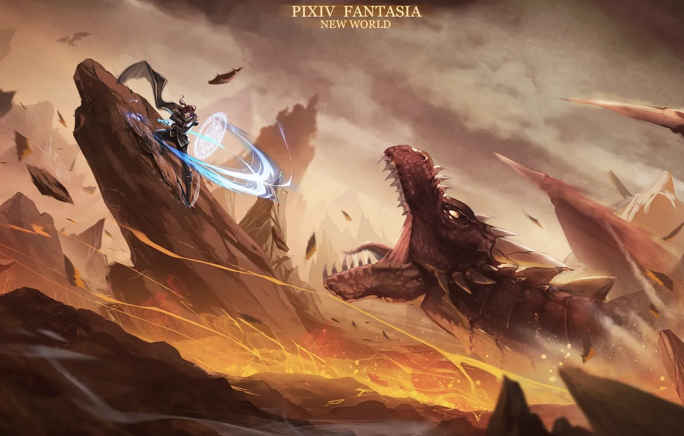 Photo wallpaper rocks, magic, dragon, art, battle, guy, pixiv fantasia