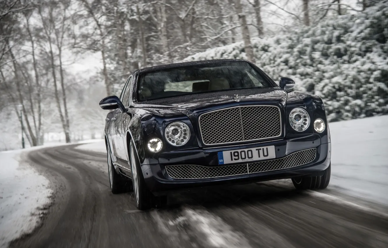 Photo wallpaper winter, blue, lights, Bentley, grille, car, in motion, the front