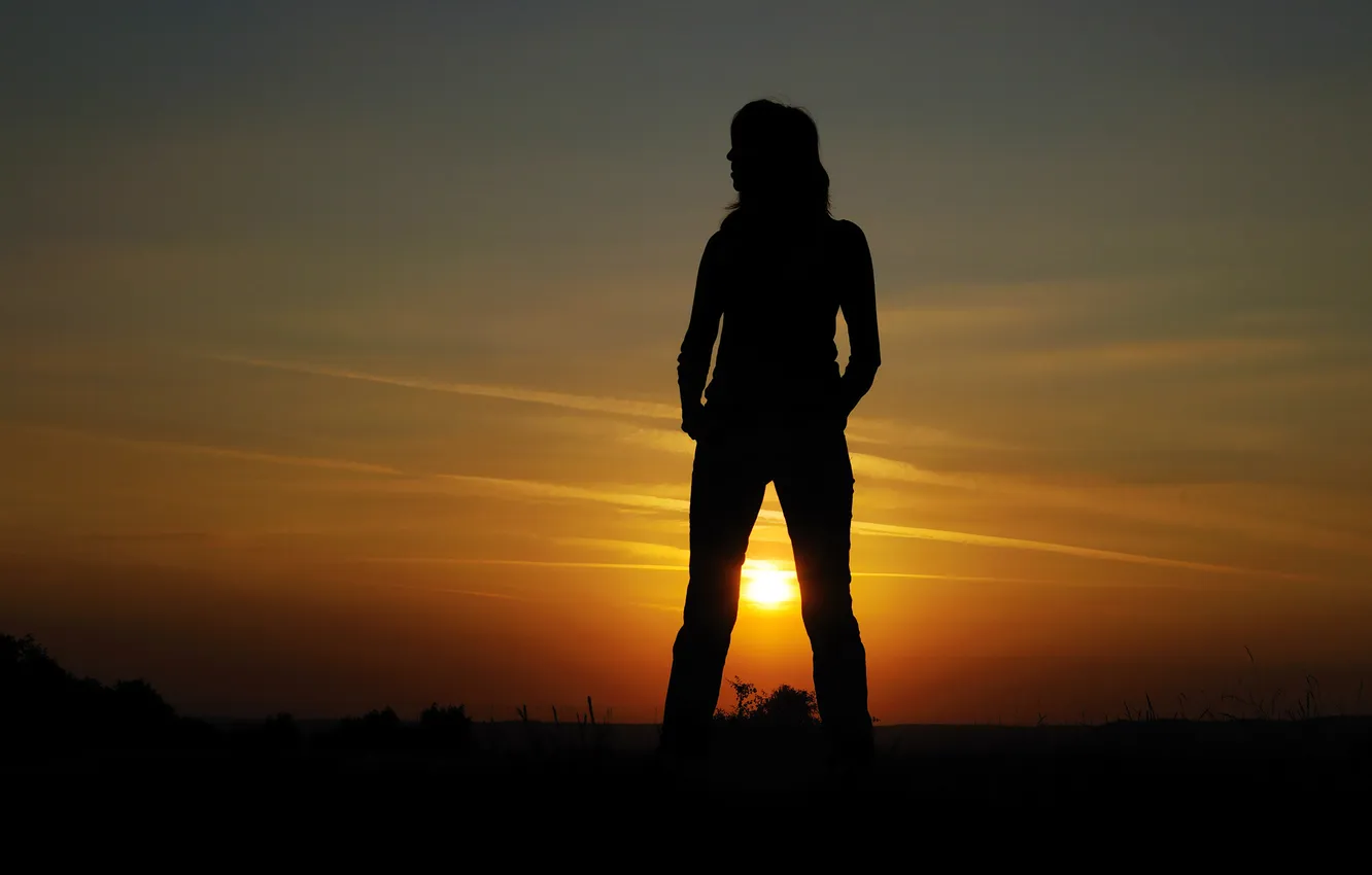 Photo wallpaper girl, sunset, nature, silhouette