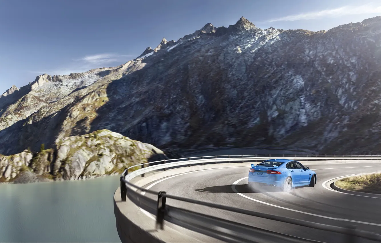 Photo wallpaper road, machine, mountains, Jaguar, Skid, Jaguar, XFR-S