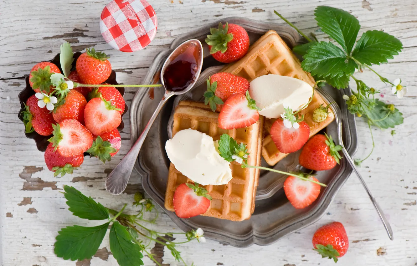 Photo wallpaper berries, food, Breakfast, strawberry, waffles, jam, sundae, Anna Verdina