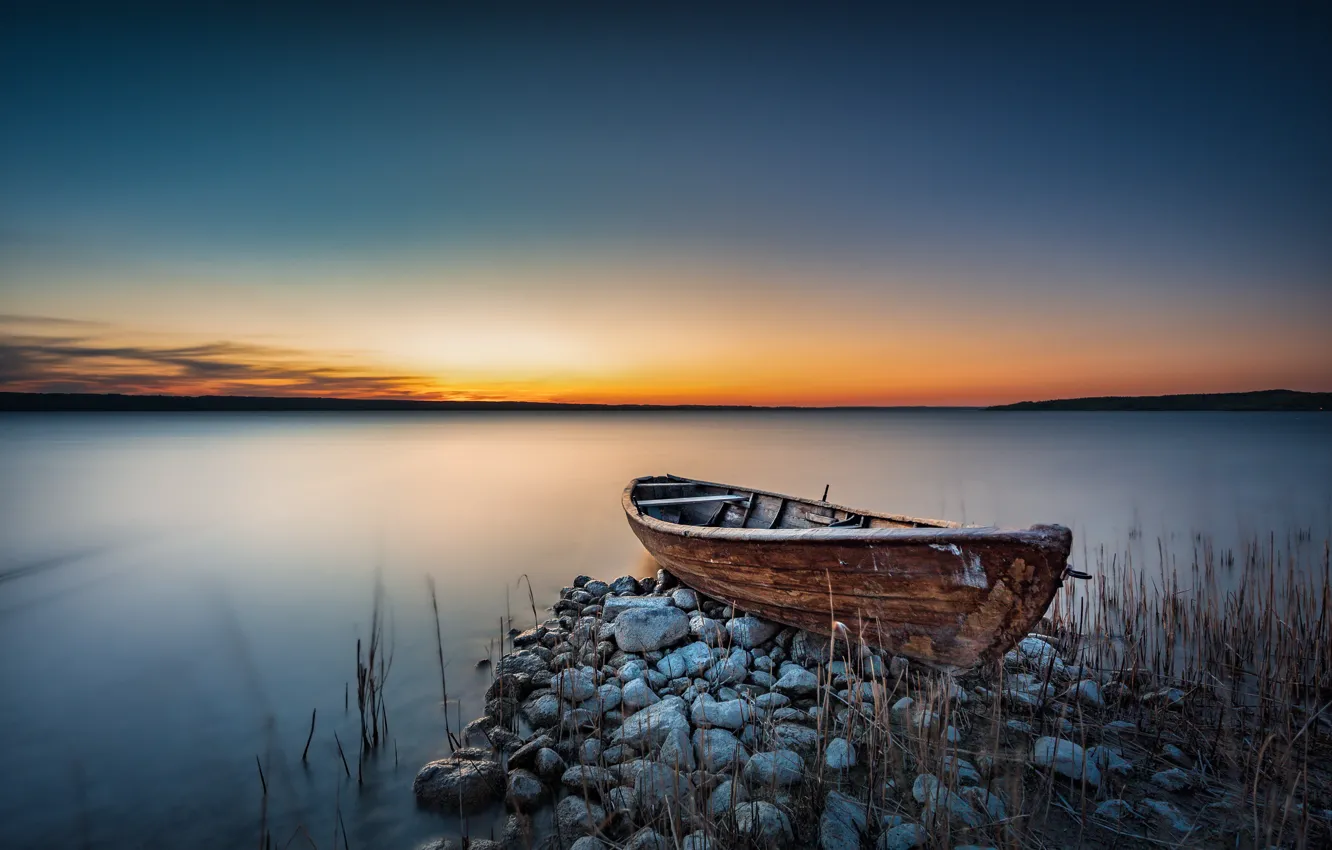 Photo wallpaper sunset, shore, boat