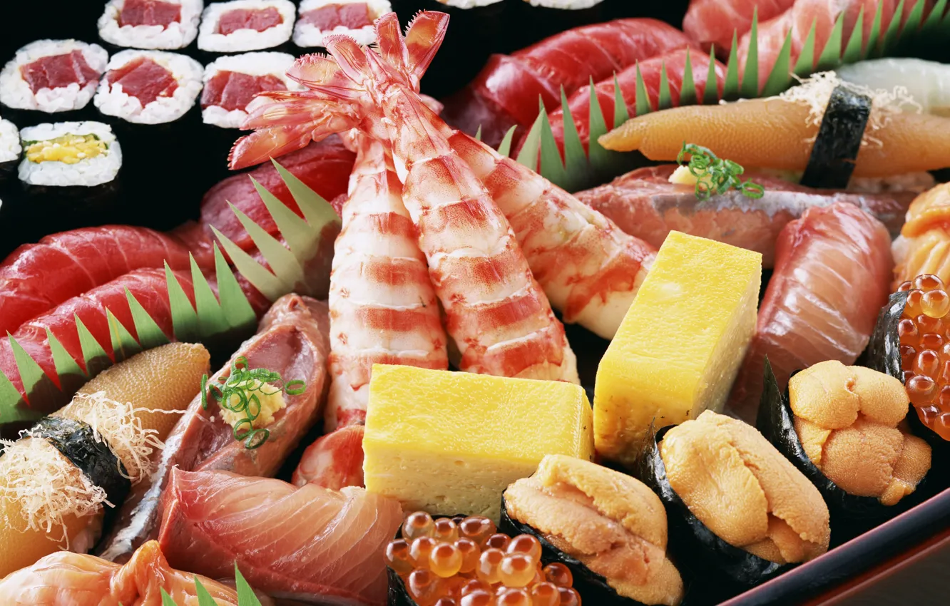 Photo wallpaper cheese, caviar, Japanese food, rolls, shrimp, seafood, meals