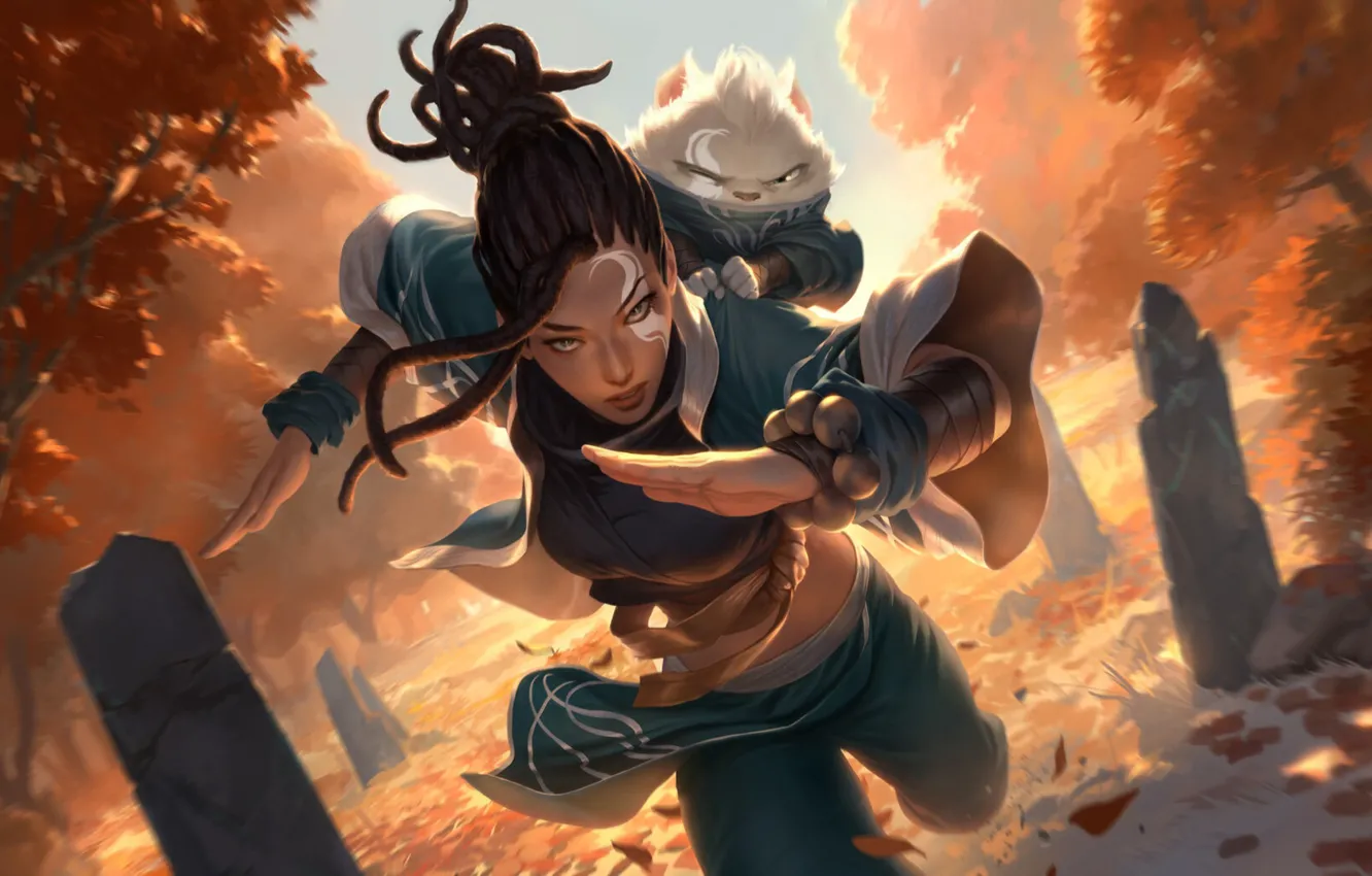 Photo wallpaper girl, runs, animal, Legends of Runeterra