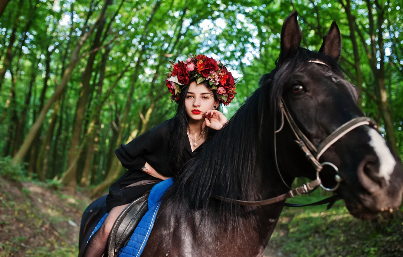 Photo wallpaper crows, black dress, look, horse, flowers, wreath, nature, in black
