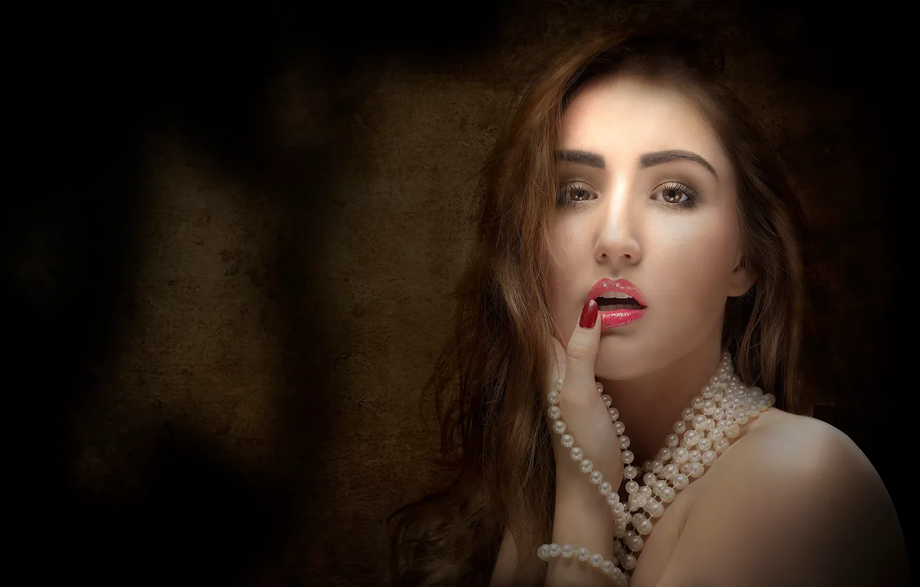 Photo wallpaper look, girl, face, portrait, lipstick, pearl