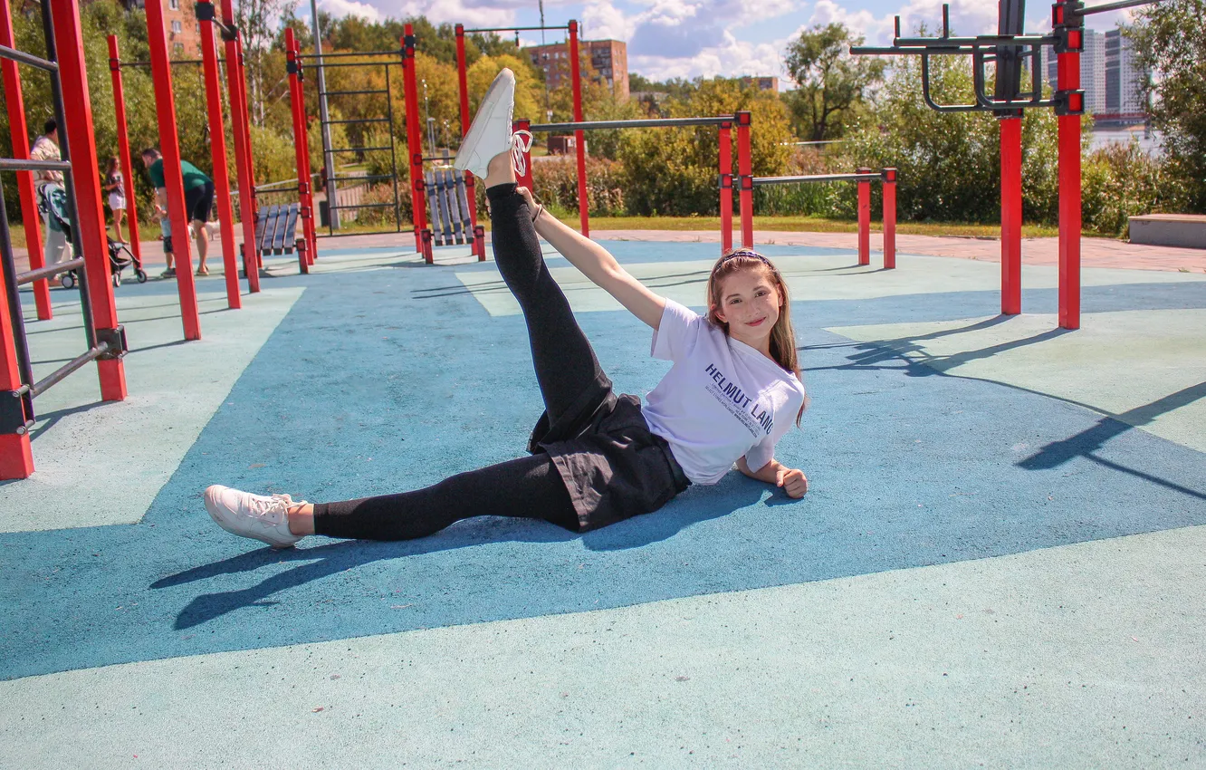 Photo wallpaper girl, shorts, young, cute, t-shirt, sneakers