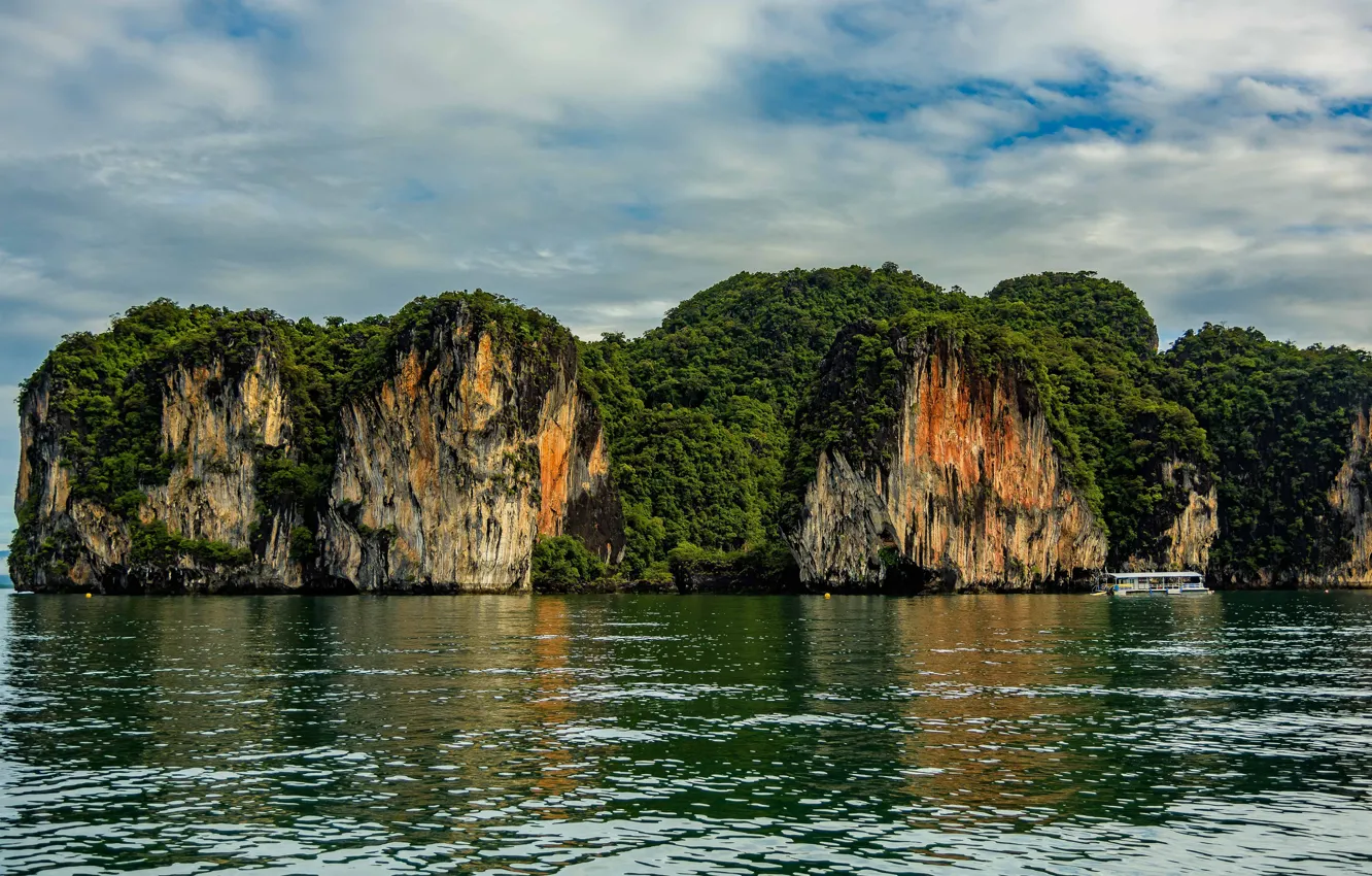 Photo wallpaper greens, forest, summer, the sky, water, clouds, mountains, lake