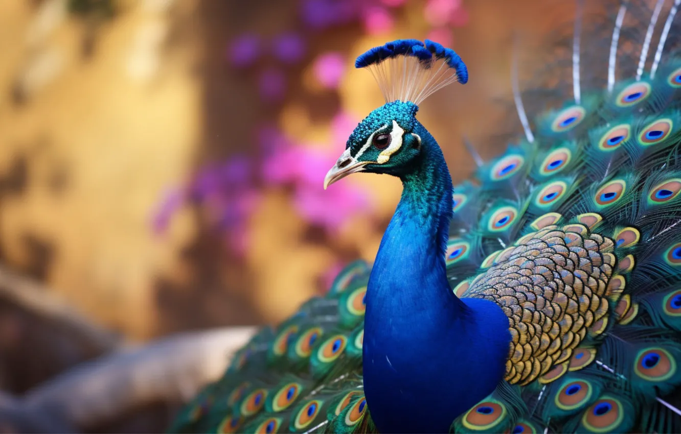 Photo wallpaper look, nature, bird, portrait, tail, peacock, AI art, neural network