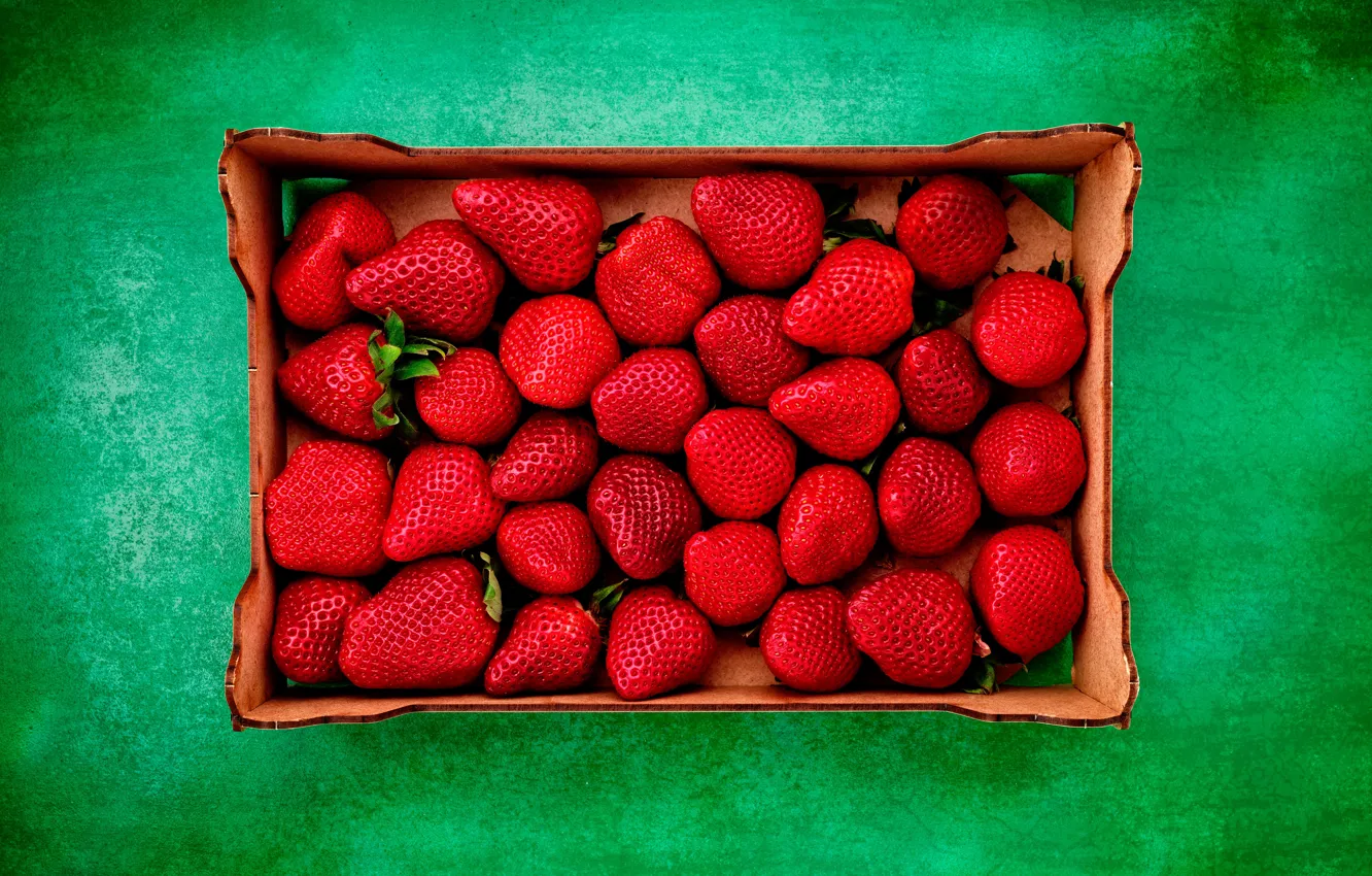 Photo wallpaper background, box, strawberry, berry, green, red