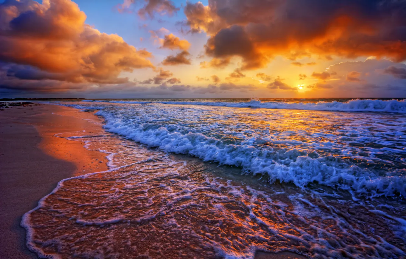 Photo wallpaper sea, clouds, sunset, surf