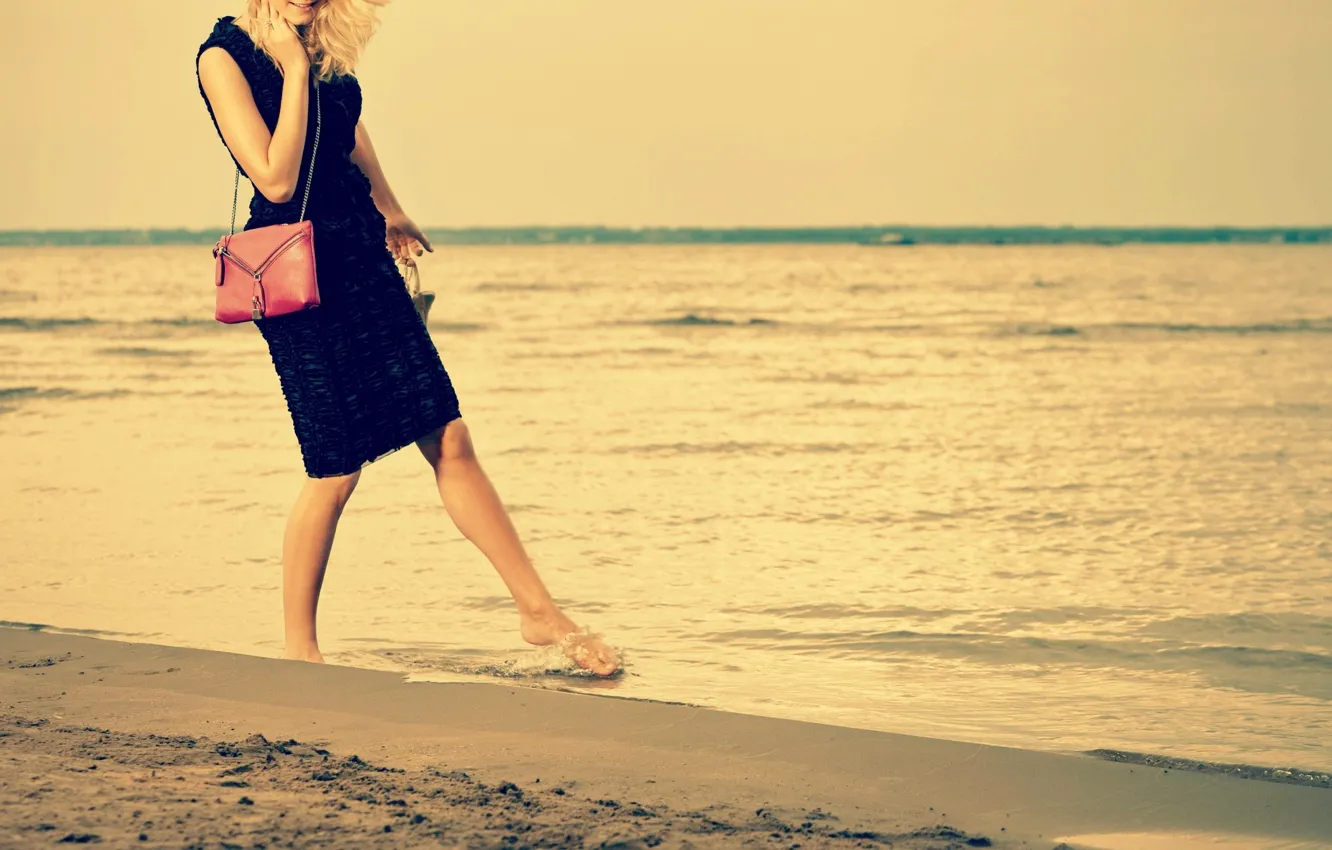 Photo wallpaper sand, sea, beach, water, girl, joy, smile, background