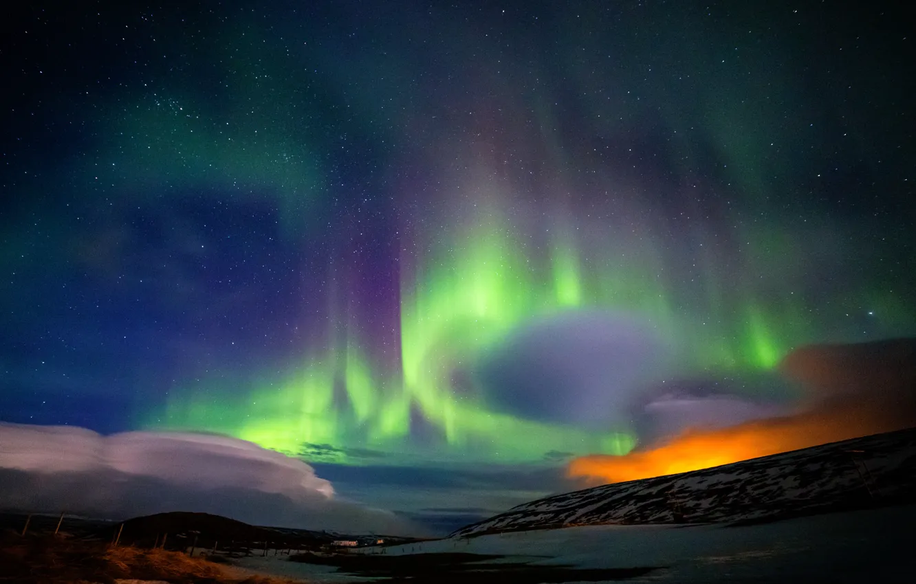 Photo wallpaper the sky, stars, mountains, night, lights, North