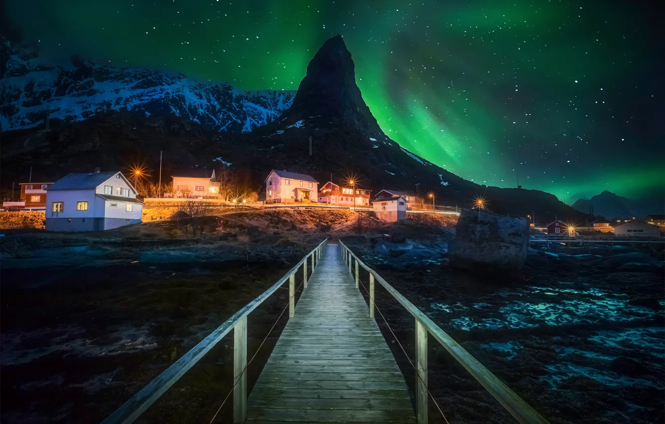 Photo wallpaper light, mountains, night, Northern lights, Norway