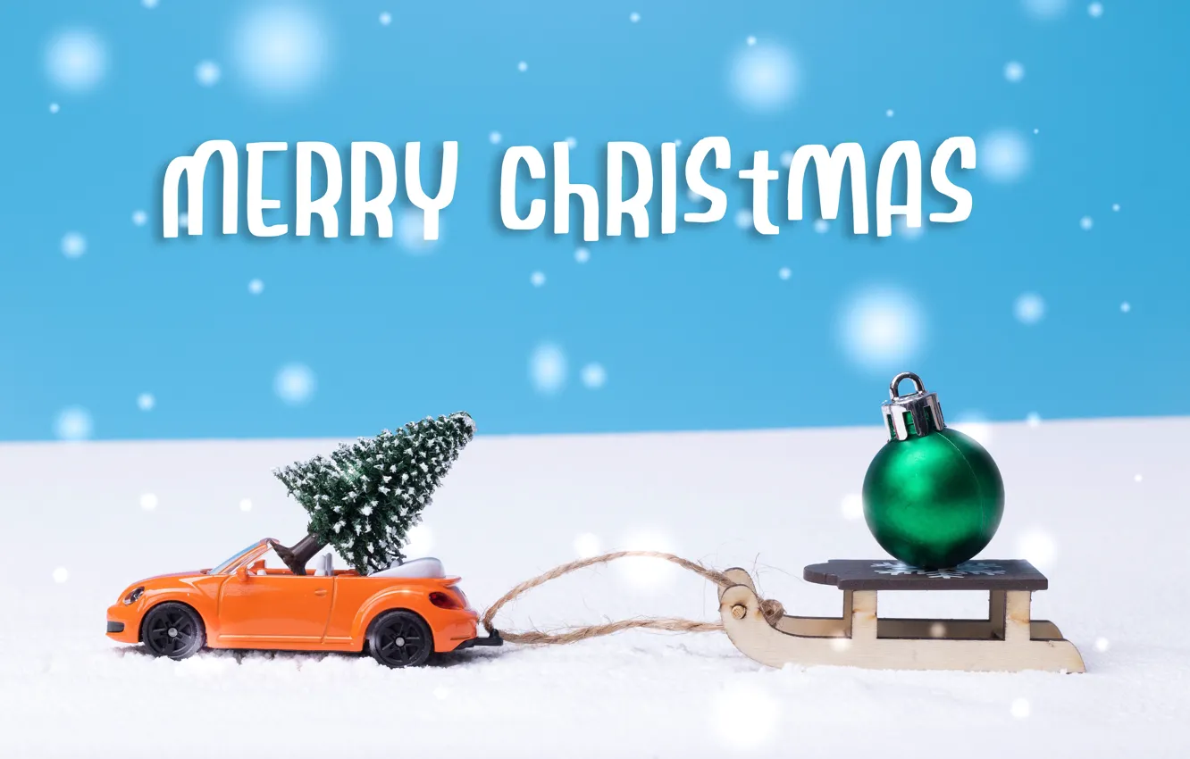 Photo wallpaper new year, Christmas, machine, herringbone, sled, Christmas decorations, Christmas decorations, new year decorations