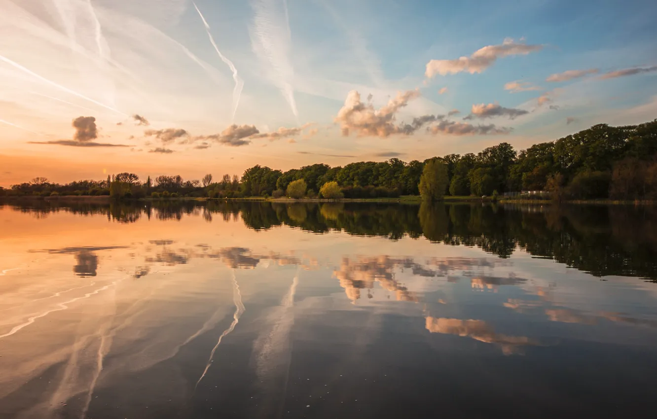 Photo wallpaper forest, the sky, clouds, sunset, lake, reflection, shore, the evening