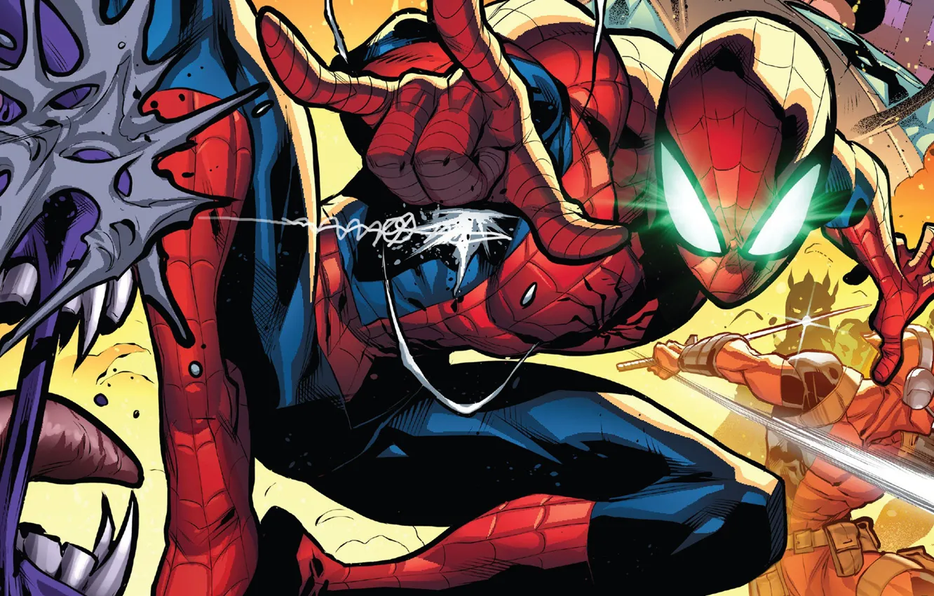 Photo wallpaper superhero, Spider-man, costume, sword, fight, hero, web, comic