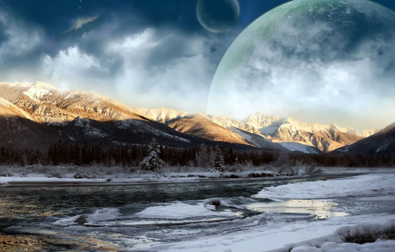 Photo wallpaper winter, clouds, mountains, river, planet