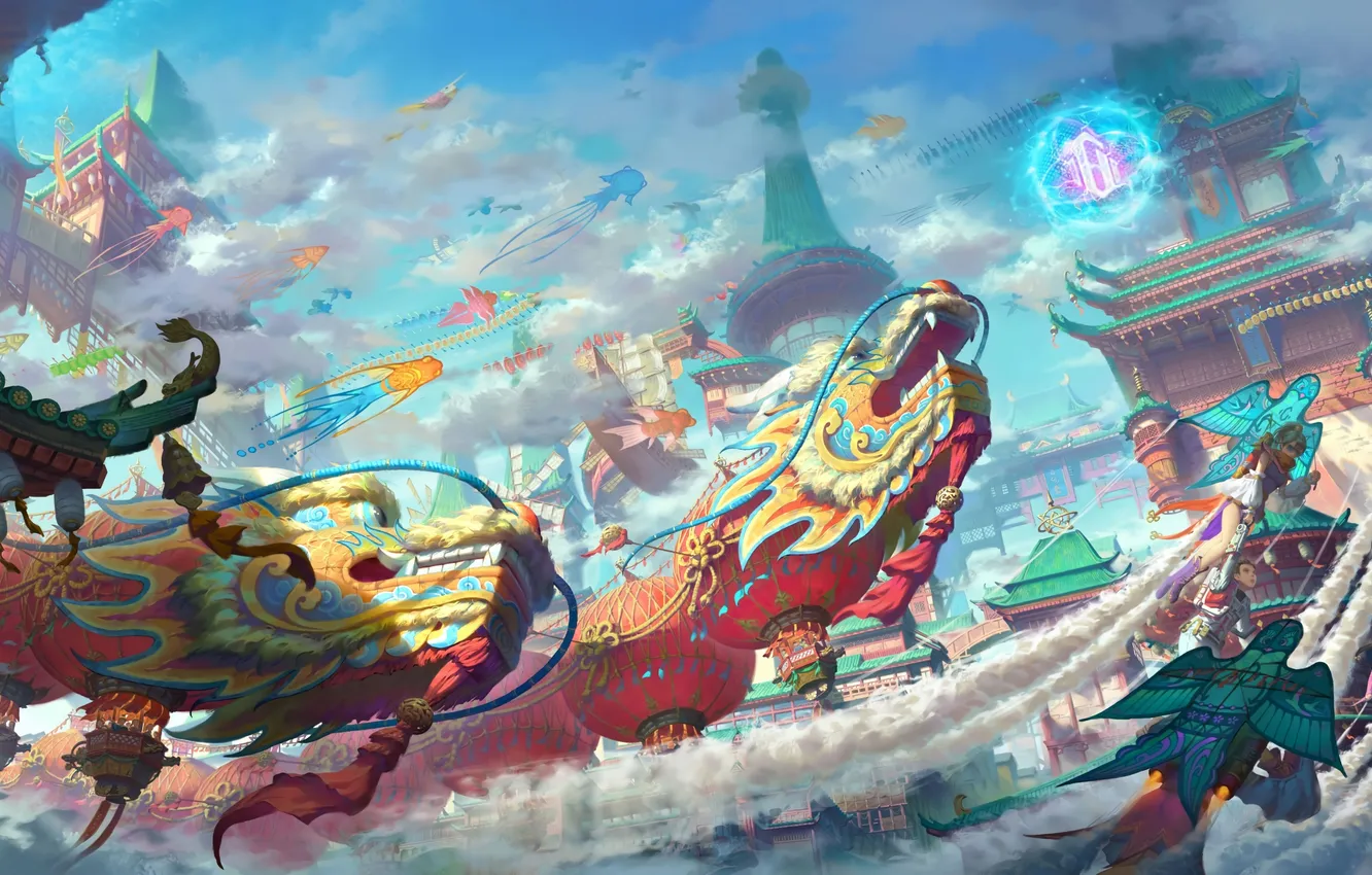 Photo wallpaper fantasy, sky, clouds, dragon, digital art, artwork, fantasy art, lanterns