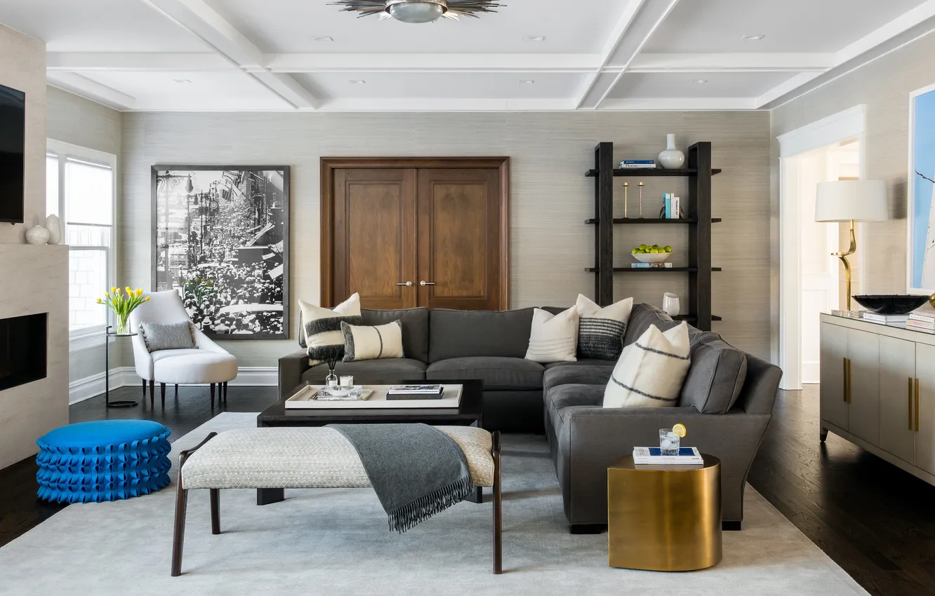 Photo wallpaper design, style, room, interior, fireplace, upholstered furniture, Cozy living room, Tenafly family home studio