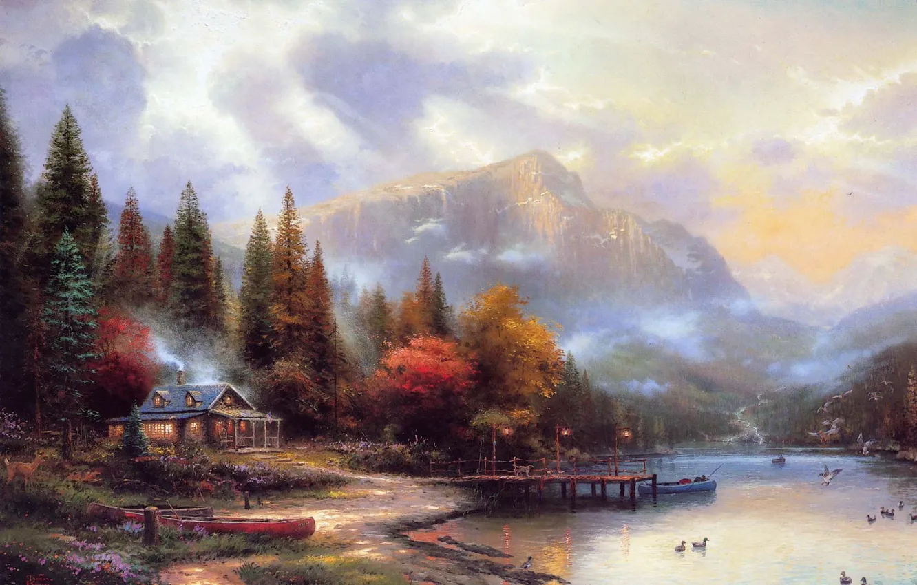 Photo wallpaper autumn, mountains, house, river, painting, Thomas Kinkade