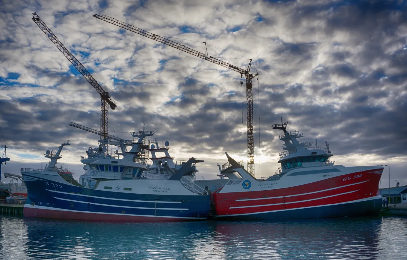 Photo wallpaper the sky, clouds, pier, port, cranes, fishing vessel, Trawler