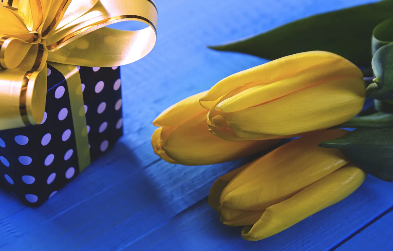Photo wallpaper flowers, yellow, holiday, box, gift, bouquet, tulips, bow