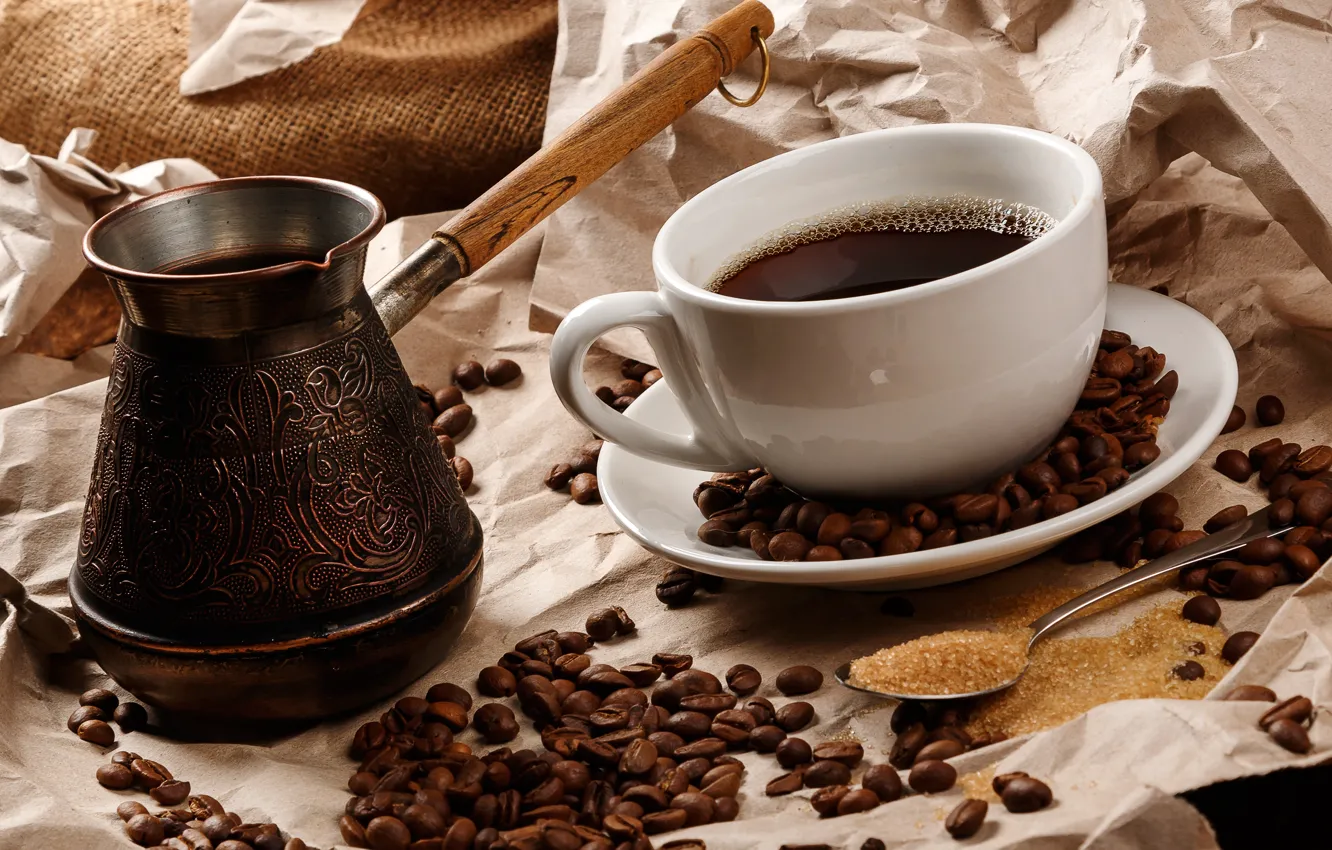 Photo wallpaper coffee, coffee beans, Turk, Cup and saucer