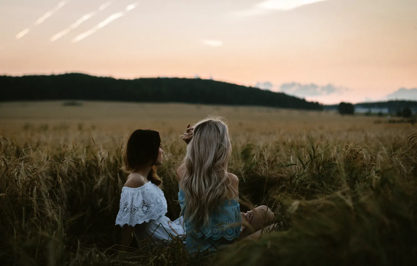 Photo wallpaper girl, landscape, two, the evening, brunette, blonde, ears, sitting