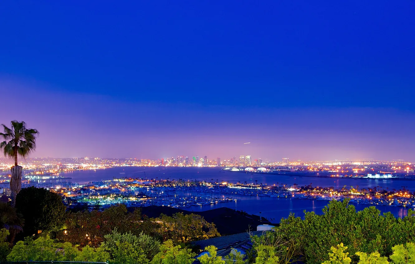Photo wallpaper the city, lights, view, the evening, panorama, San Diego, Bay, spectacular views