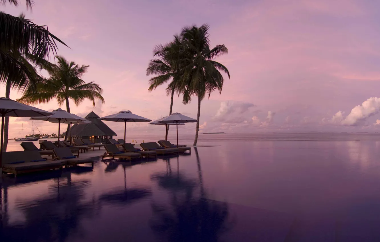 Photo wallpaper palm trees, the ocean, the evening, pool, Infinity, pool, resort, view