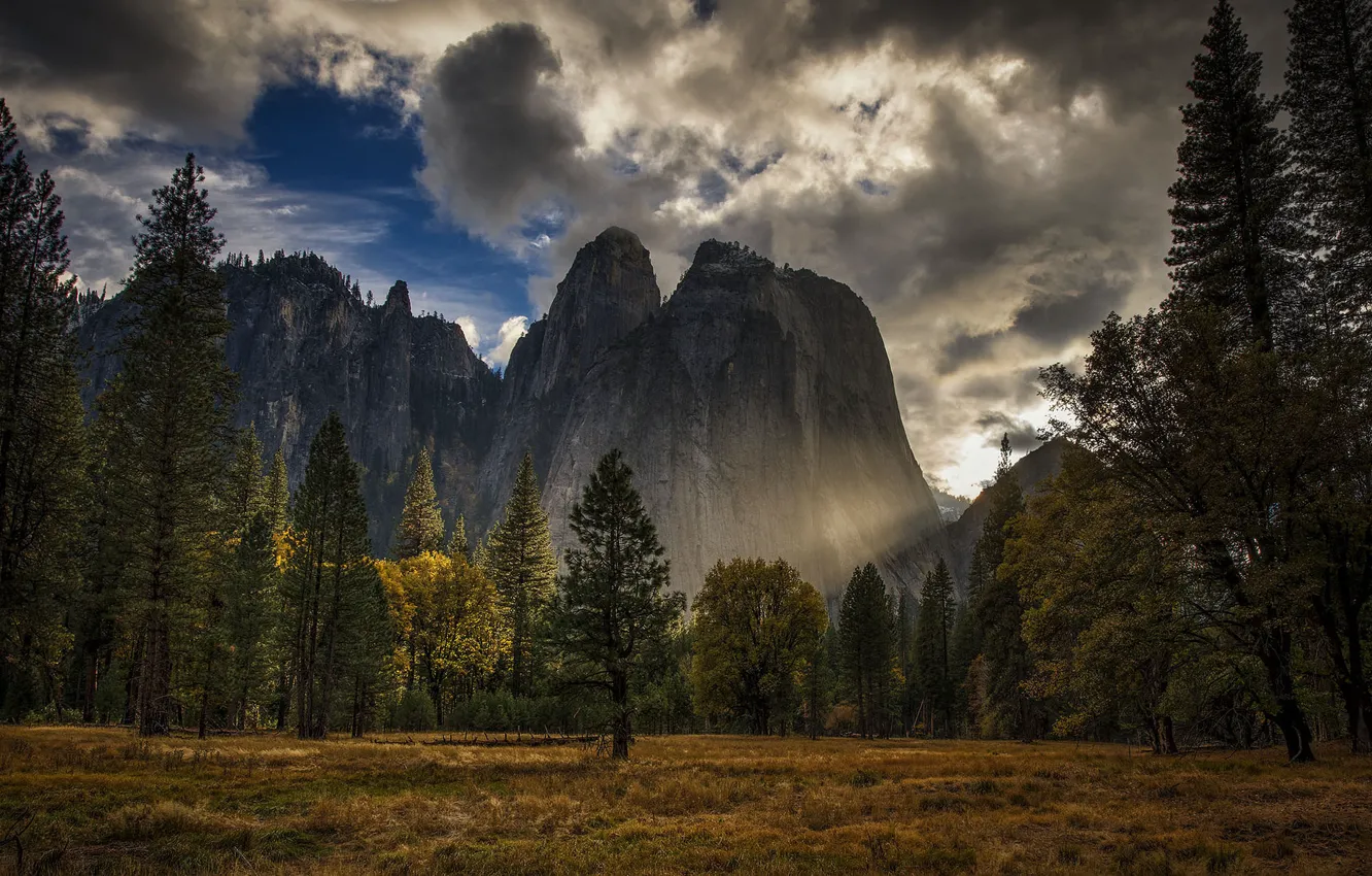 Photo wallpaper autumn, the sky, grass, trees, mountains, rocks, the evening, USA