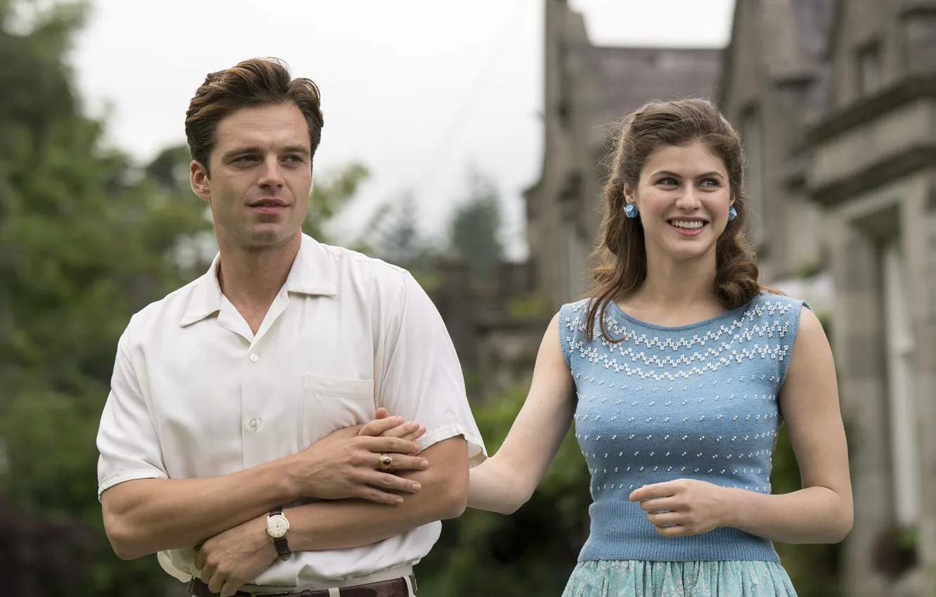 Photo wallpaper girl, smile, male, lovers, Sebastian Stan, alexandra daddario, We have always lived in the castle, …