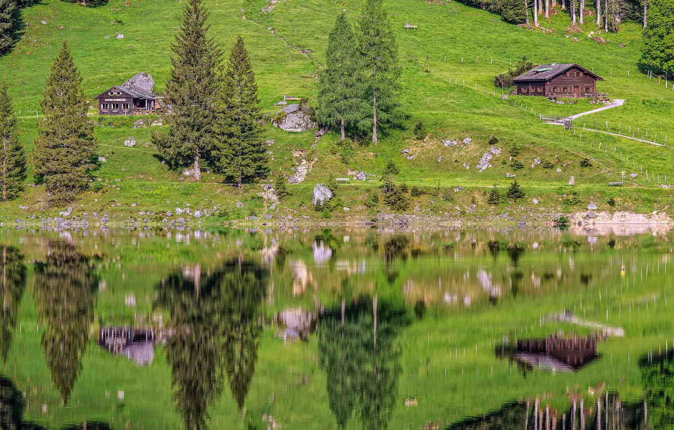 Photo wallpaper grass, reflection, trees, mountains, lake, house, Germany, slope