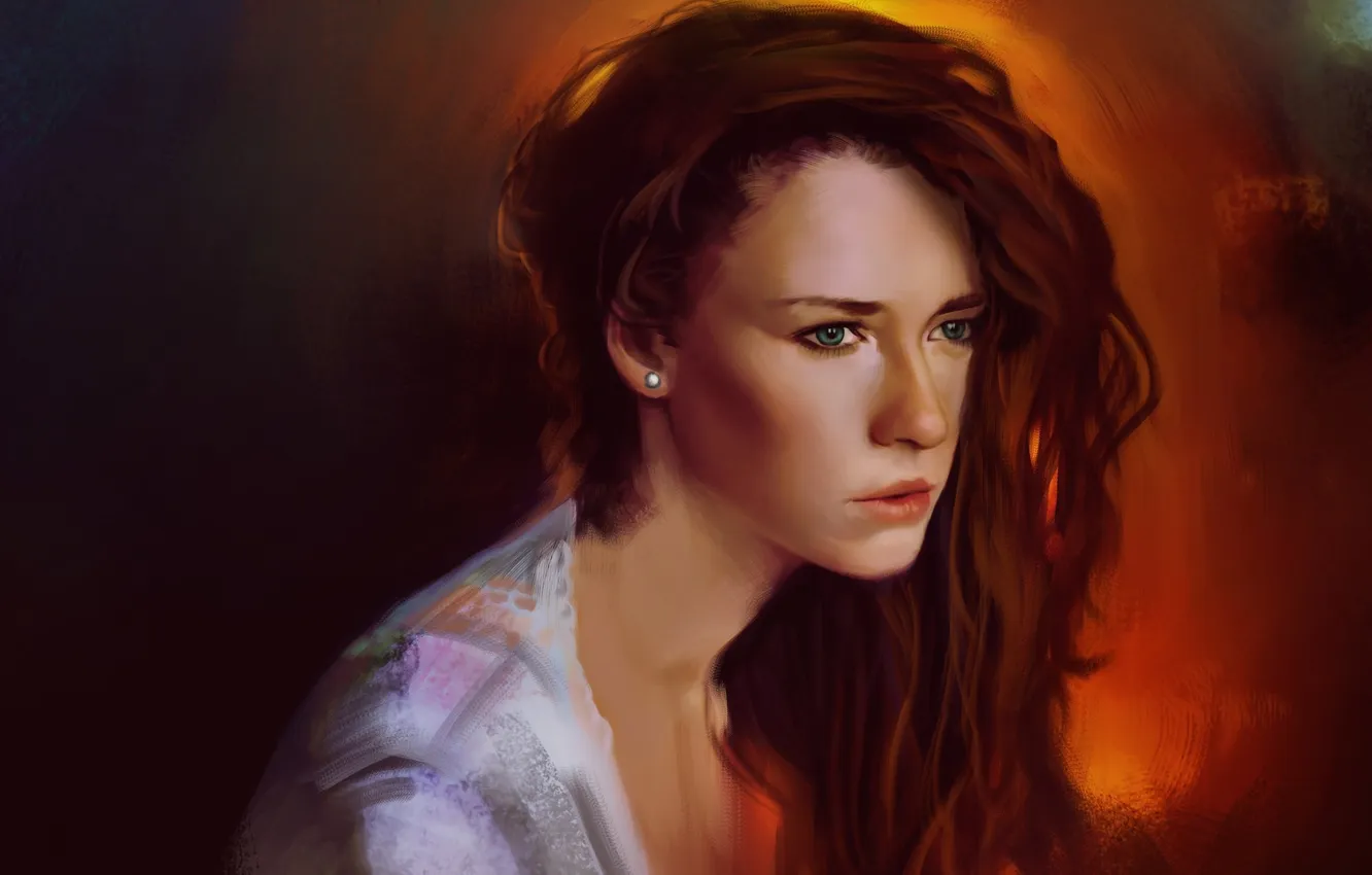 Photo wallpaper look, girl, background, art, red, green eyes