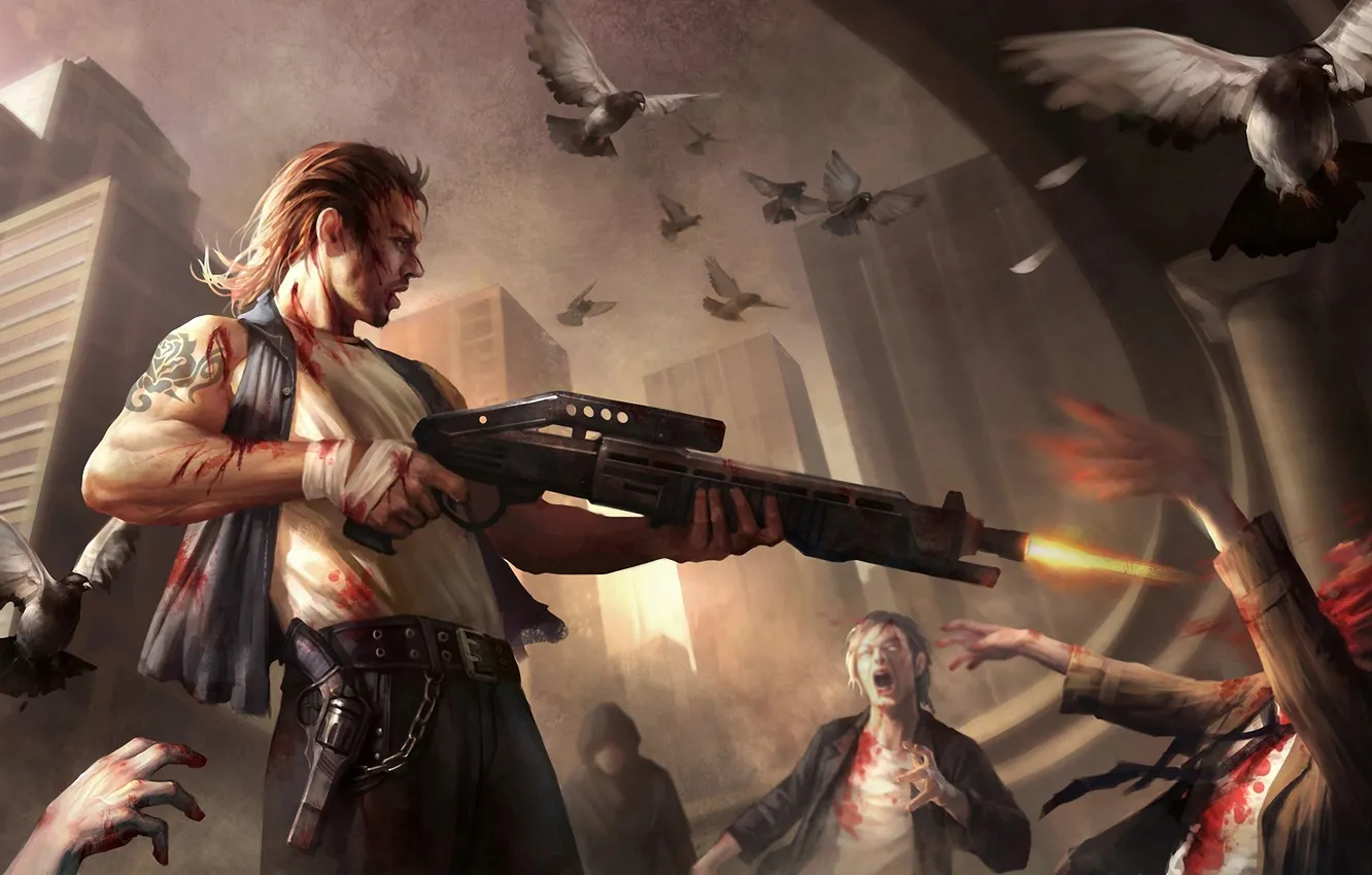 Photo wallpaper zombies, man, death, shotgun