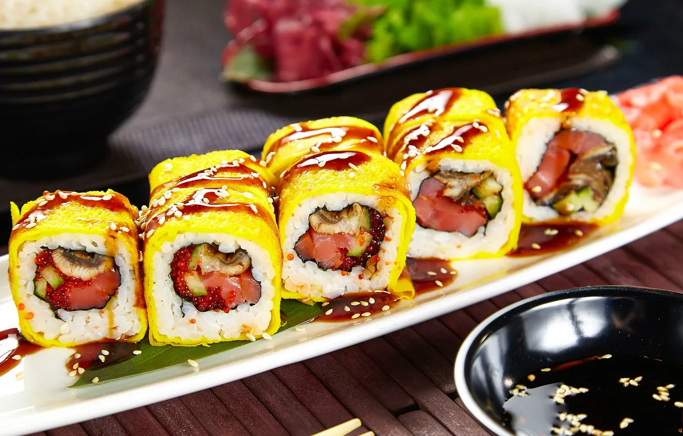 Photo wallpaper sushi, sesame, rolls, filling, Japanese cuisine, soy sauce, nori, wasabi