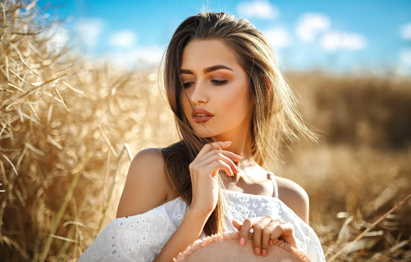 Photo wallpaper field, summer, girl, nature, hands, makeup