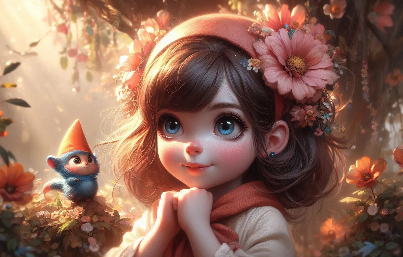 Photo wallpaper look, light, flowers, nature, fantasy, girl, dwarf, cap