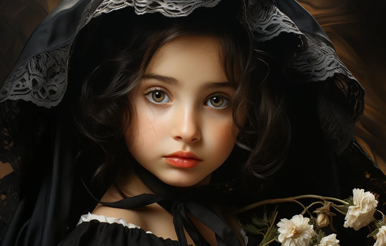 Photo wallpaper look, retro, portrait, girl, Cape, vintage, in black, AI art