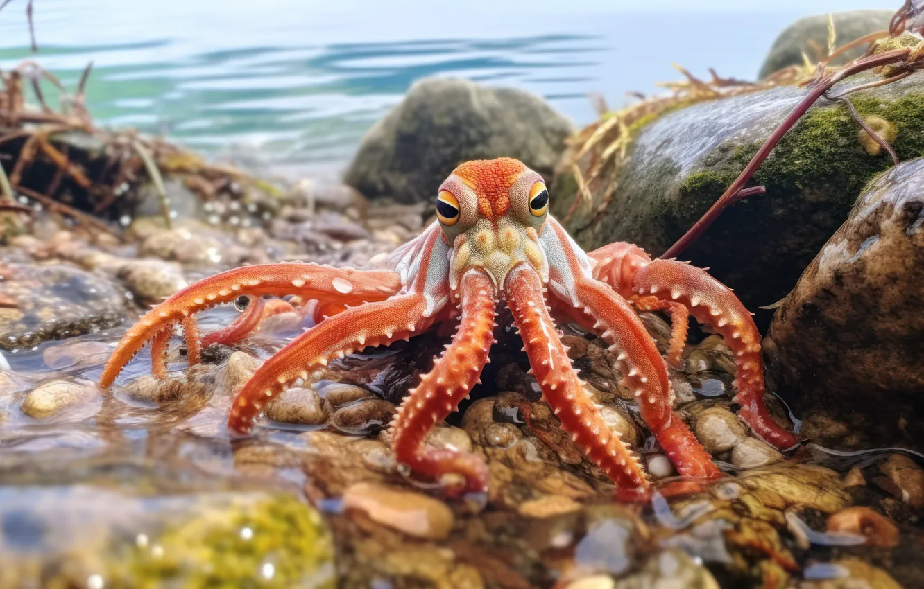 Photo wallpaper sea, look, stones, shore, octopus, tentacles, AI art, neural network